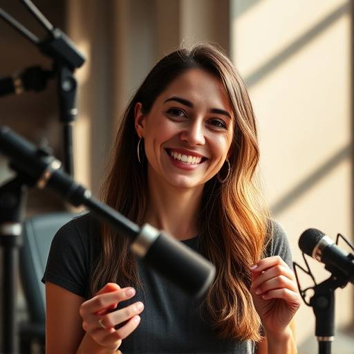 Foto de Carolina Ferreira, assistente de estüdio sorrindo enquanto ajusta microfones.