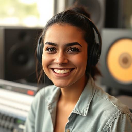 Foto de Gabriela Almeida, produtora musical com um sorriso amigável.
