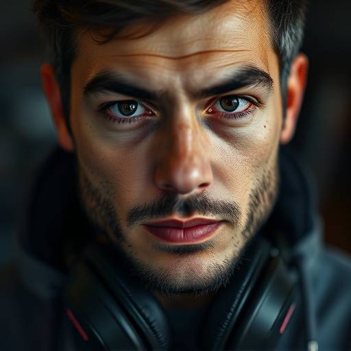 Foto de Rafael Santos, engenheiro de som com um olhar atento e fones de ouvido no pescoäo.
