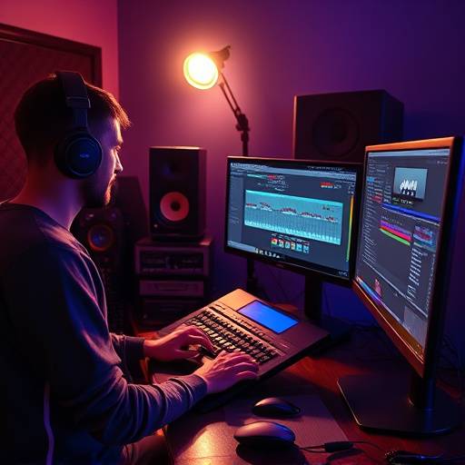 Um produtor musical trabalhando em um computador com software de áudio.